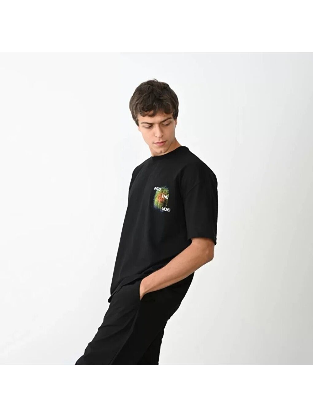 Unisex Bisiklet Yaka Baskılı Oversize T-Shirt - Siyah-2