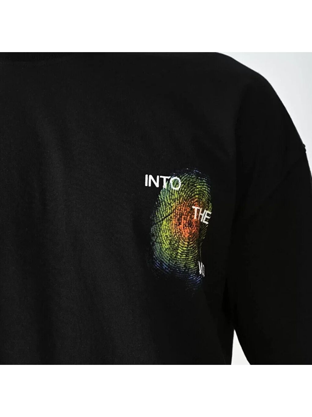 Unisex Bisiklet Yaka Baskılı Oversize T-Shirt - Siyah-3