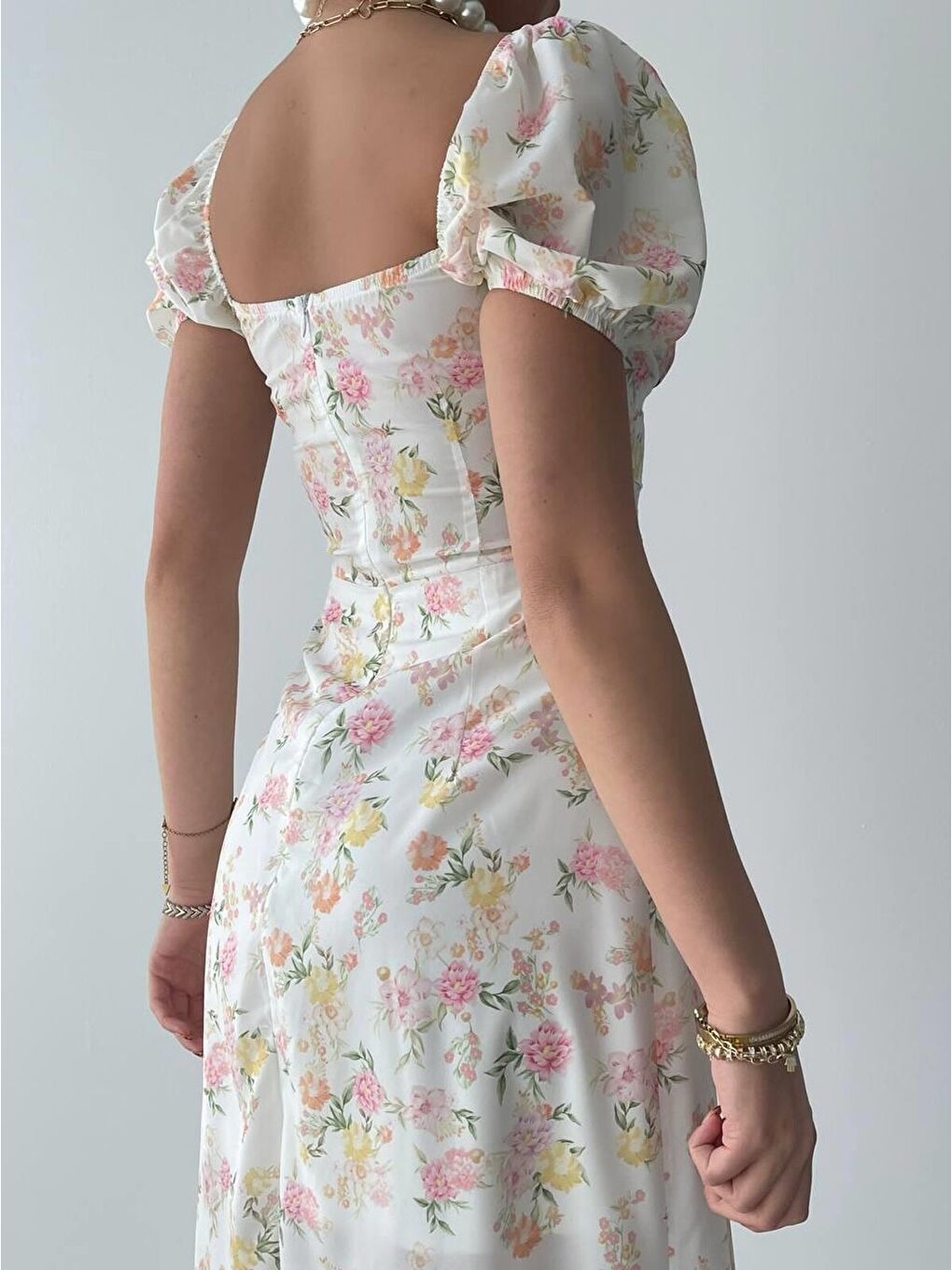 Ekru Zeze Balon Kol Elbise-3