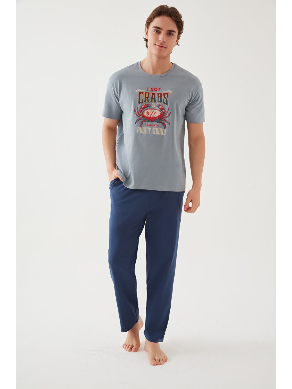 Mavi Erkek Pamuklu Kısa Kollu Baskı ve Cep Detaylı %100 Pamuk Pijama Takımı-2