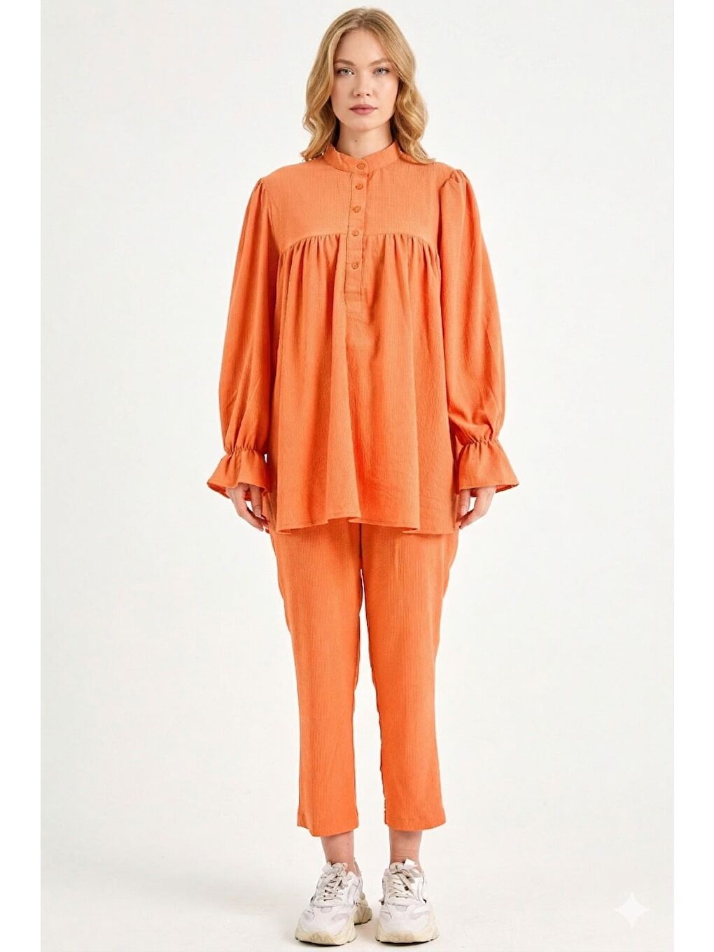 Turuncu Fullamodest Yarım Düğmeli Bürümcük Kumaş 2 Li Takım