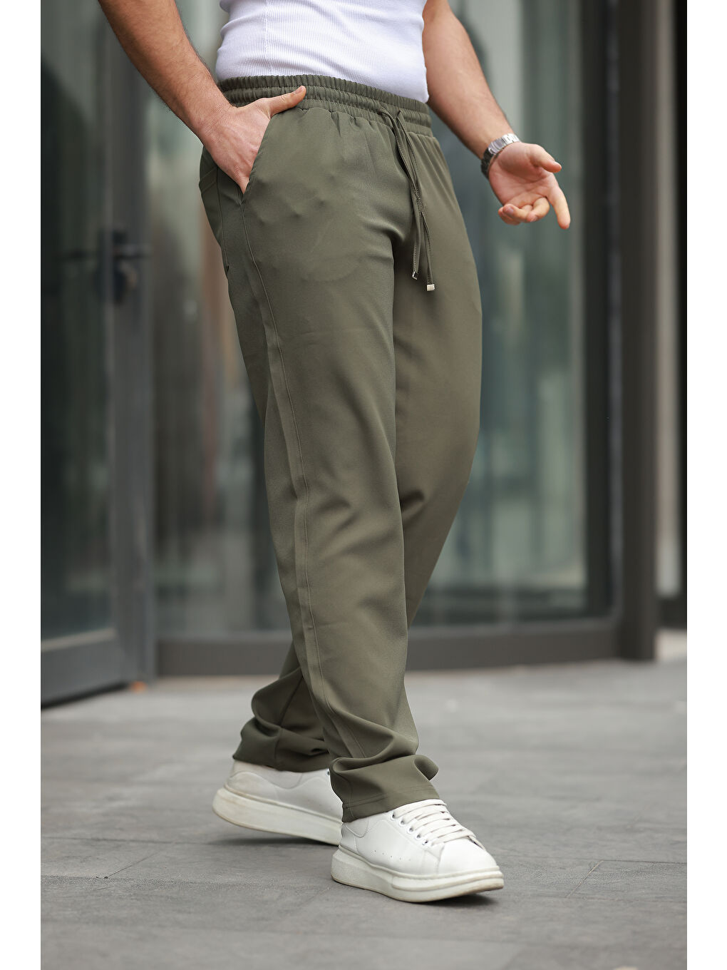 Haki Trend Beli Lastikli Bol Paça Baggy Erkek Pantolon