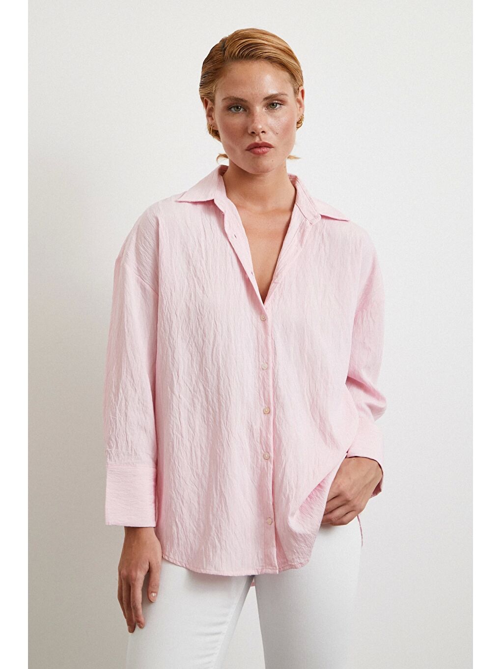 Kabartma Çizgili Oversize Gömlek Pembe-1