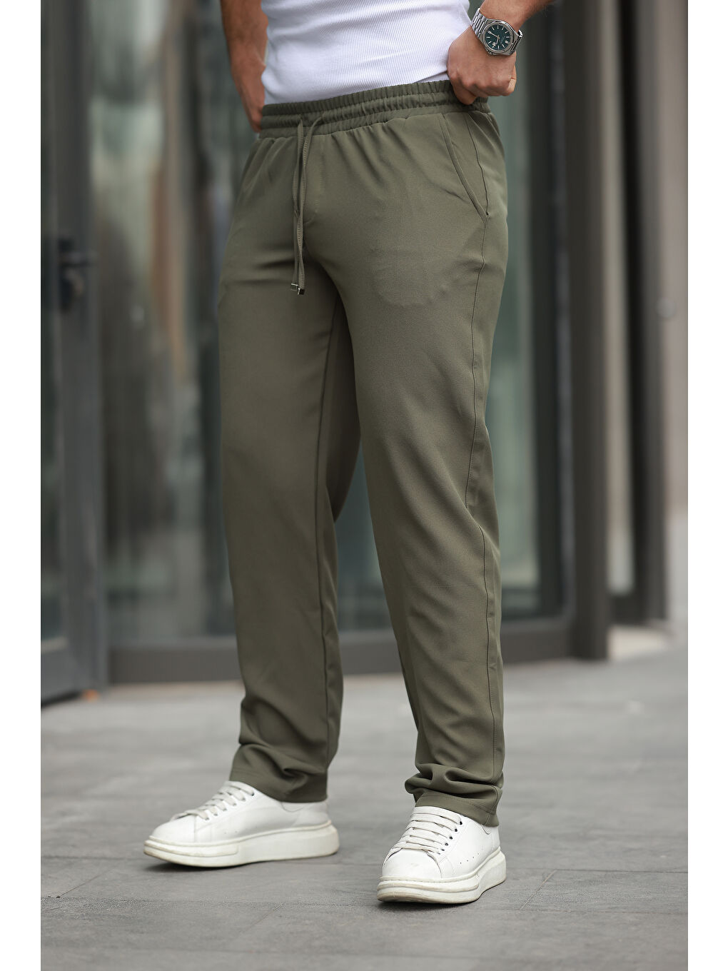 Haki Trend Beli Lastikli Bol Paça Baggy Erkek Pantolon-1