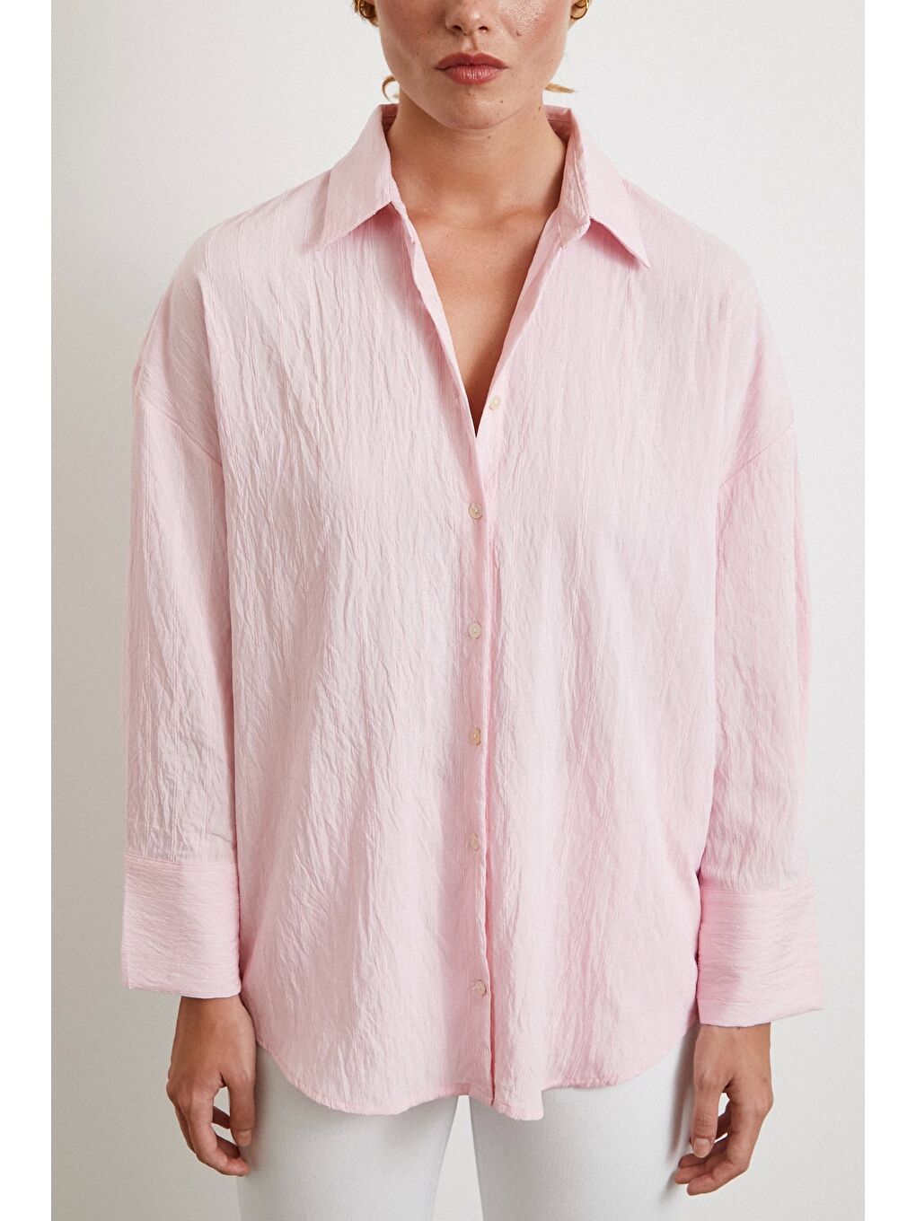 Kabartma Çizgili Oversize Gömlek Pembe-2