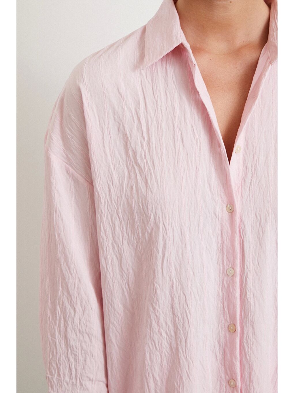 Kabartma Çizgili Oversize Gömlek Pembe-3