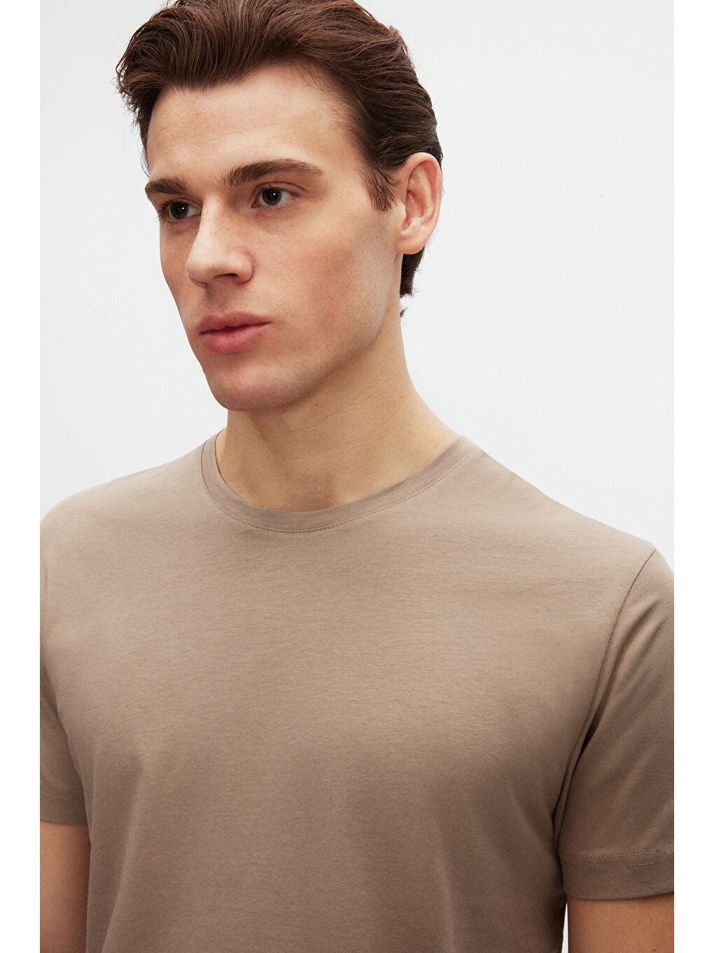 Bej Comfort Vizon Bisiklet Yaka %100 Pamuk T-Shirt-4