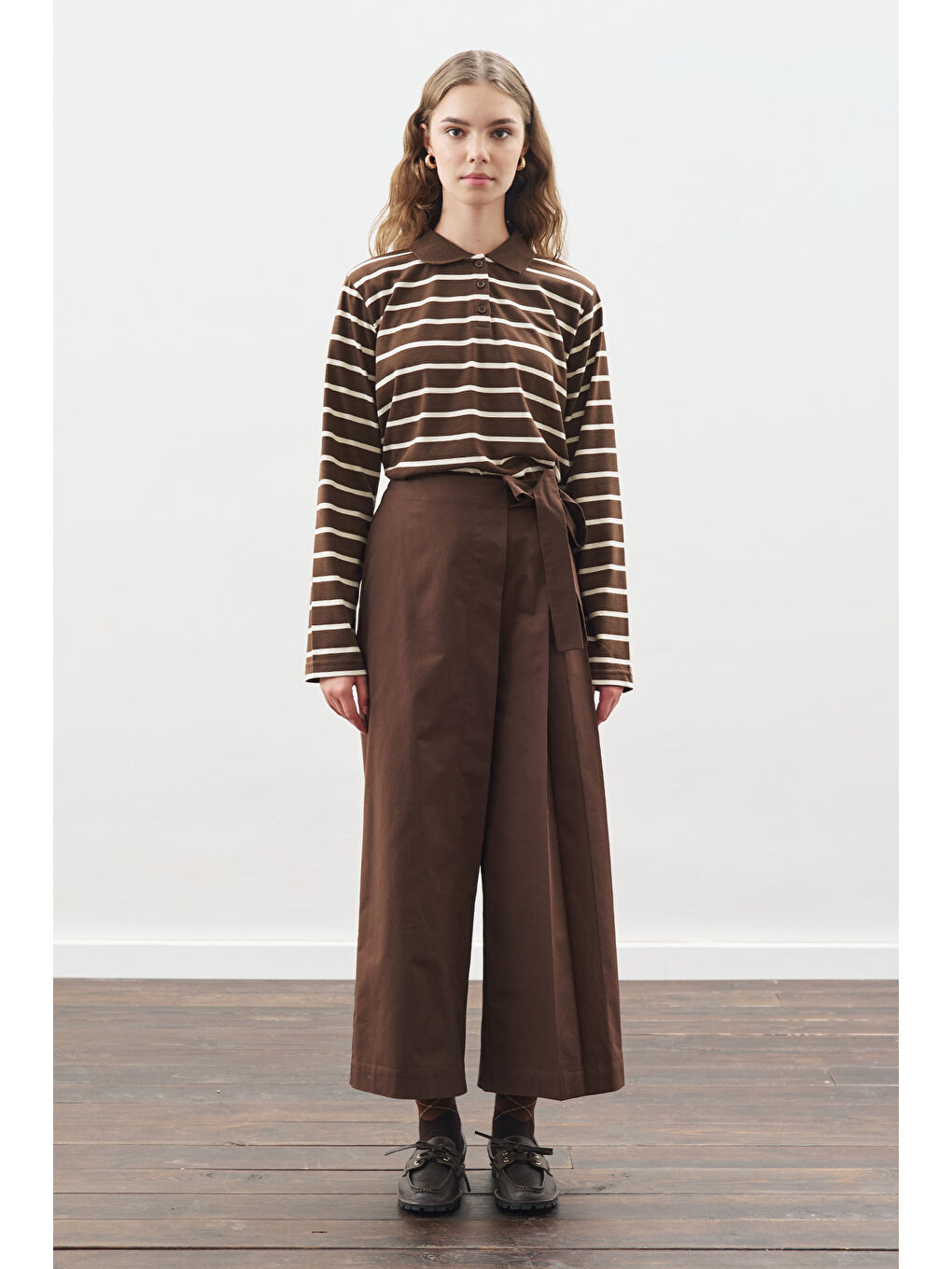 Polo Yaka Çizgili Tshırt Kahverengi-1