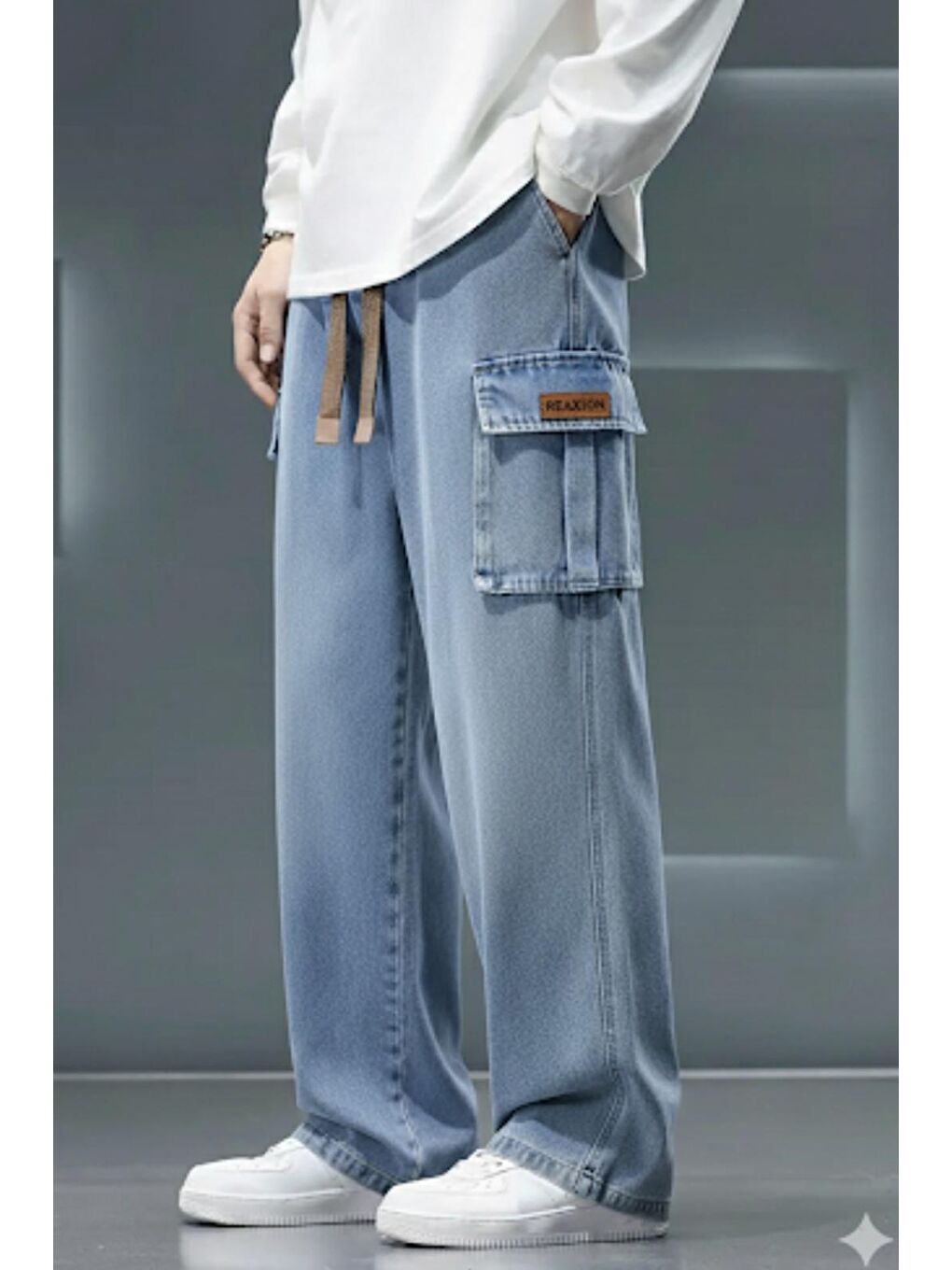 Mavi Reax Luiz Beli Lastikli ve İpli Komando Baggy Fit Jean Kargo Pantolon