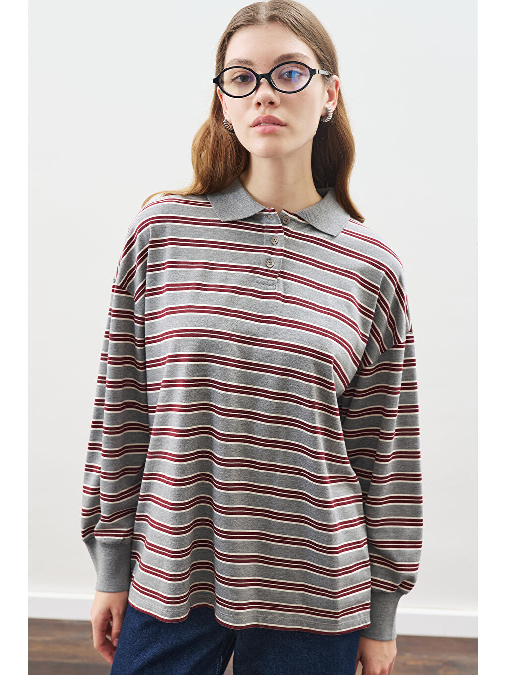 Polo Yaka Oversıze Tshırt Gri-4