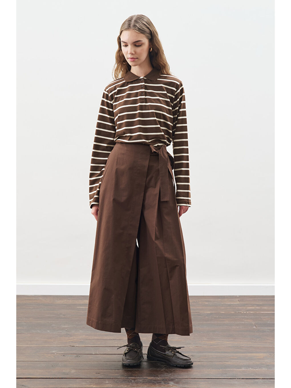 Polo Yaka Çizgili Tshırt Kahverengi-2