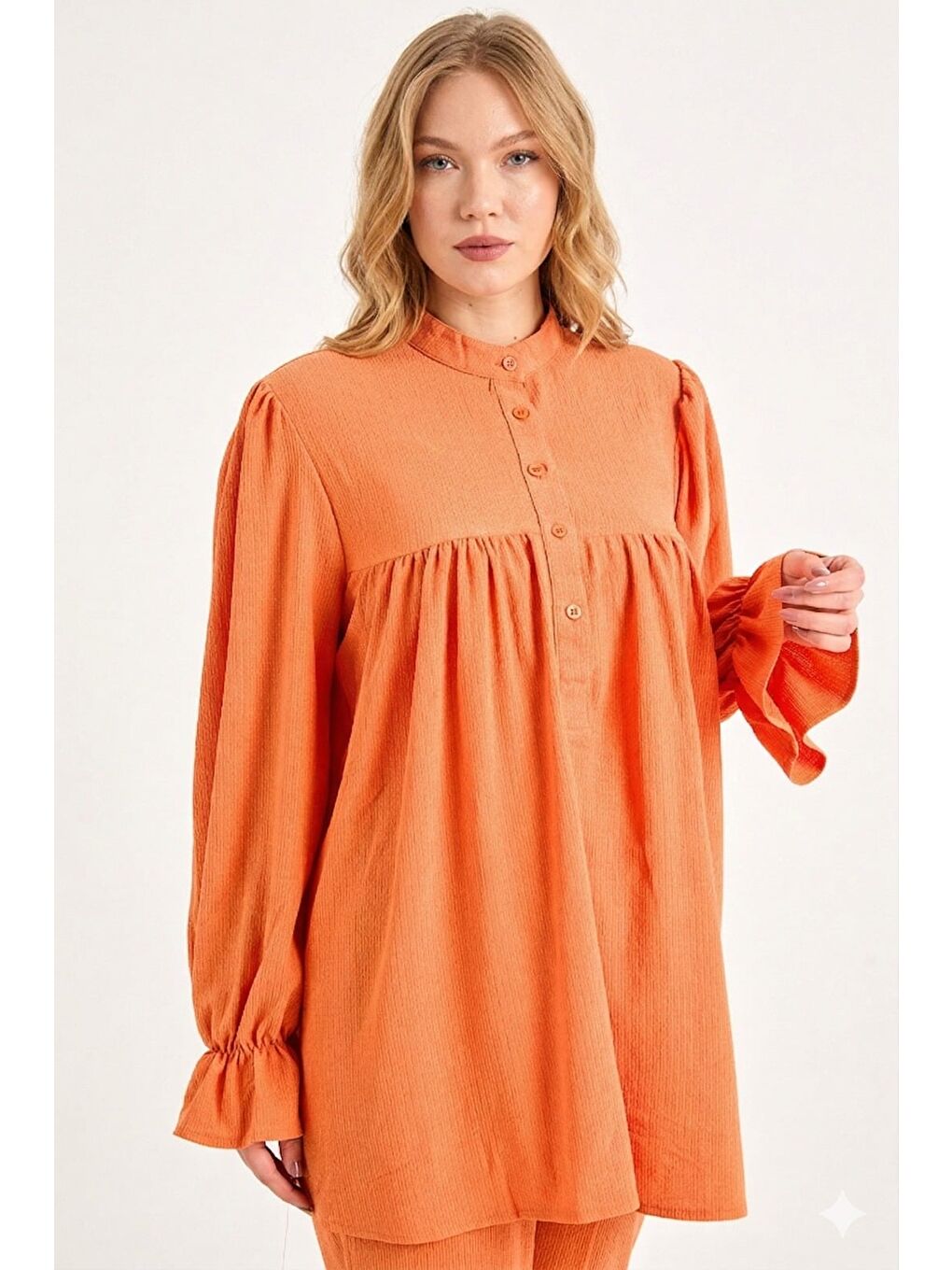 Turuncu Fullamodest Yarım Düğmeli Bürümcük Kumaş 2 Li Takım-1