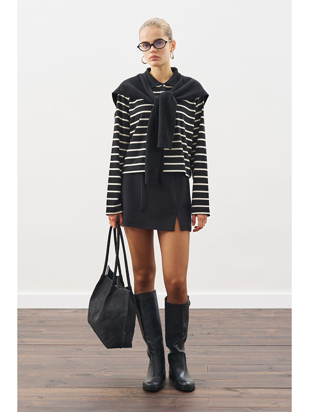 Polo Yaka Çizgili Tshırt Siyah-2