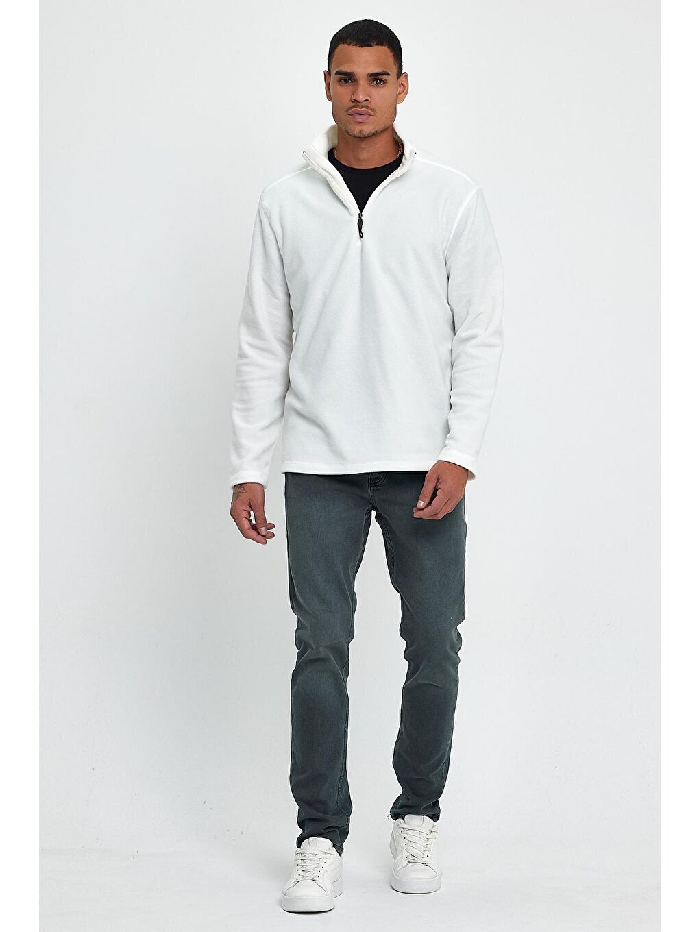 Ekru Erkek Rahat Kalıp Softech Polar Yarım Fermuarlı Sweatshırt spr24pw20