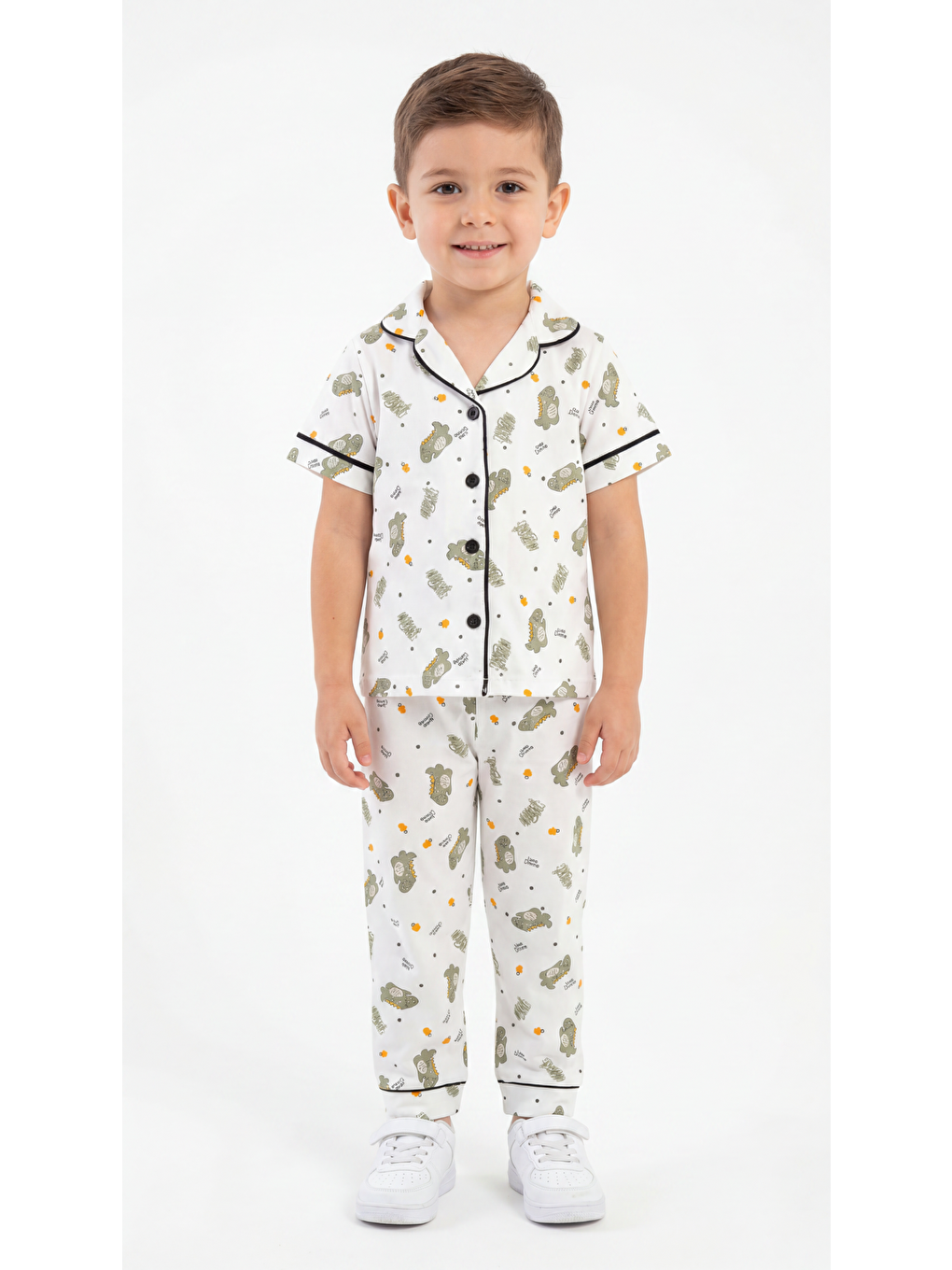 Beyaz Dino Baskılı Erkek Çocuk Pijama Takım