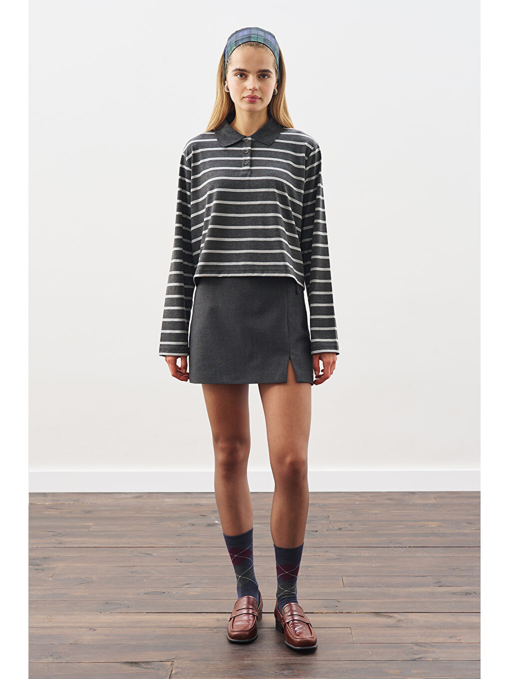 Polo Yaka Çizgili Tshırt Antrasit