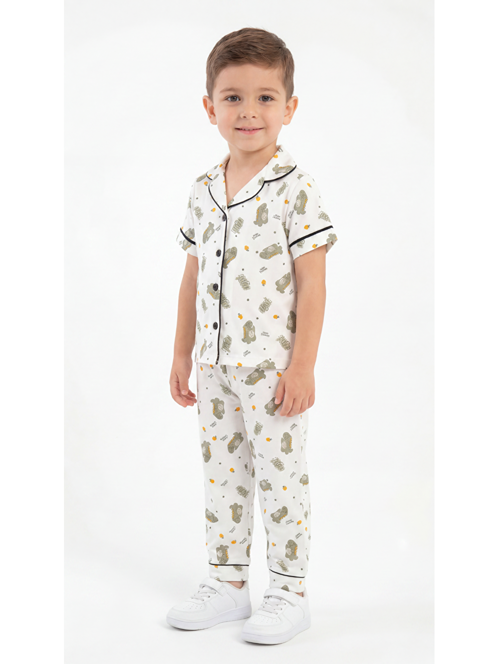 Beyaz Dino Baskılı Erkek Çocuk Pijama Takım-1