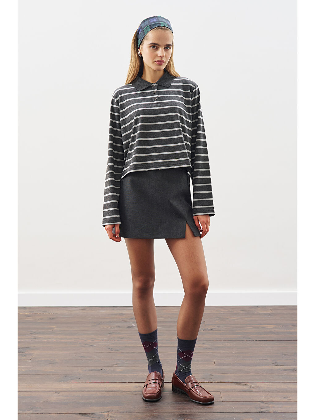 Polo Yaka Çizgili Tshırt Antrasit-1