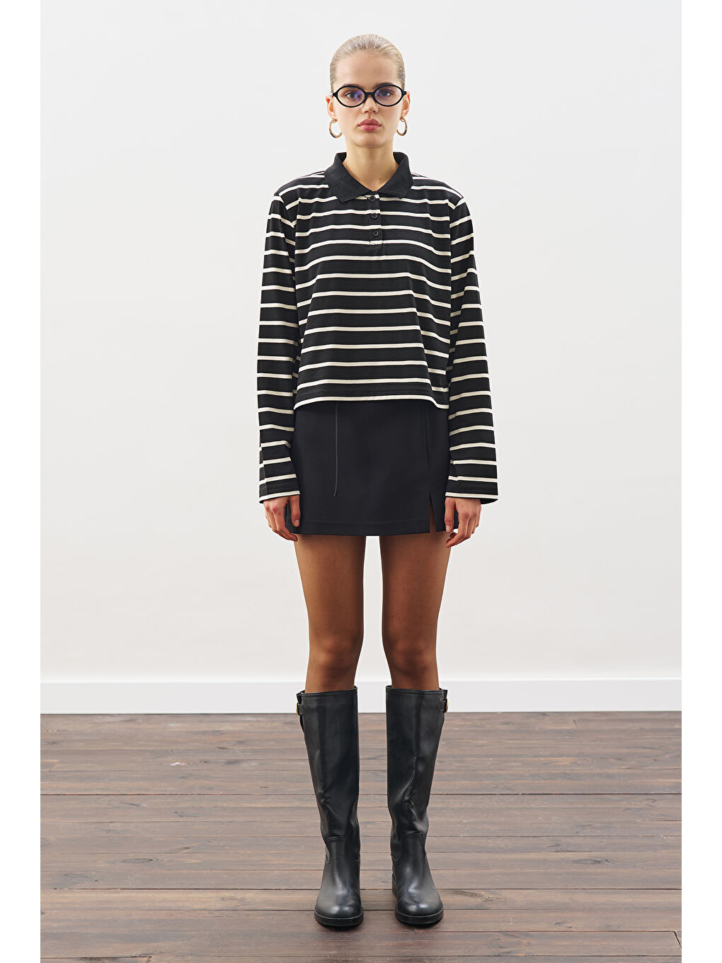 Polo Yaka Çizgili Tshırt Siyah-5