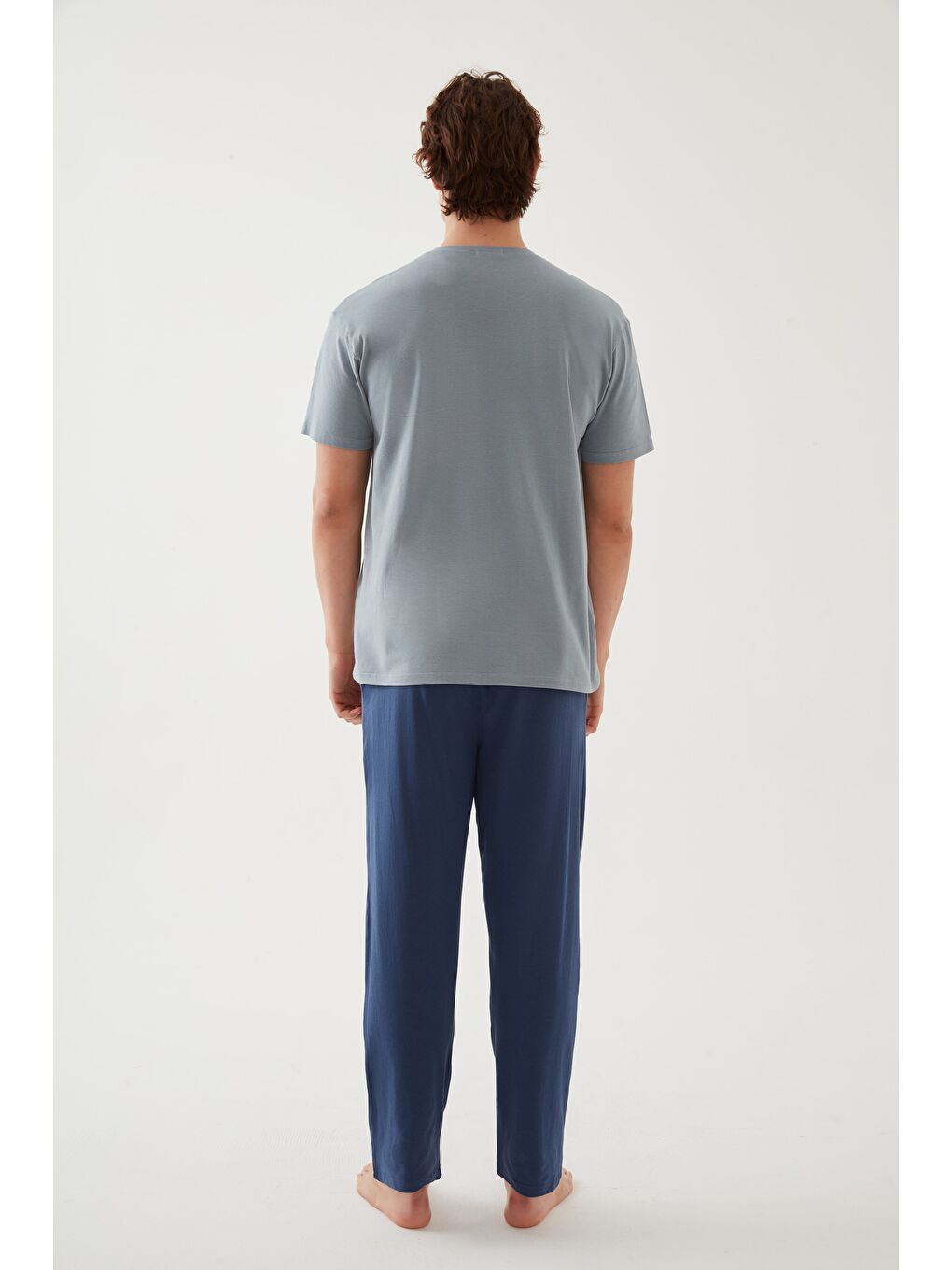 Mavi Erkek Pamuklu Kısa Kollu Baskı ve Cep Detaylı %100 Pamuk Pijama Takımı-4