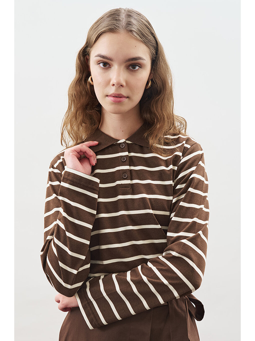 Polo Yaka Çizgili Tshırt Kahverengi-4