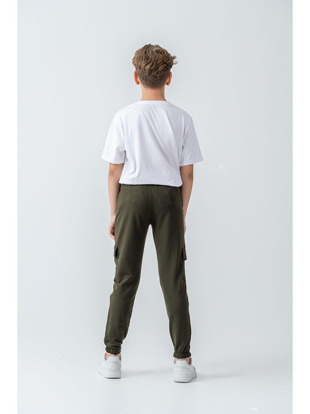 Haki Çift Kargo Cepli Sağ Cep Baskılı Çift Bacak Biyeli Erkek Çocuk Eşofman Altı-3