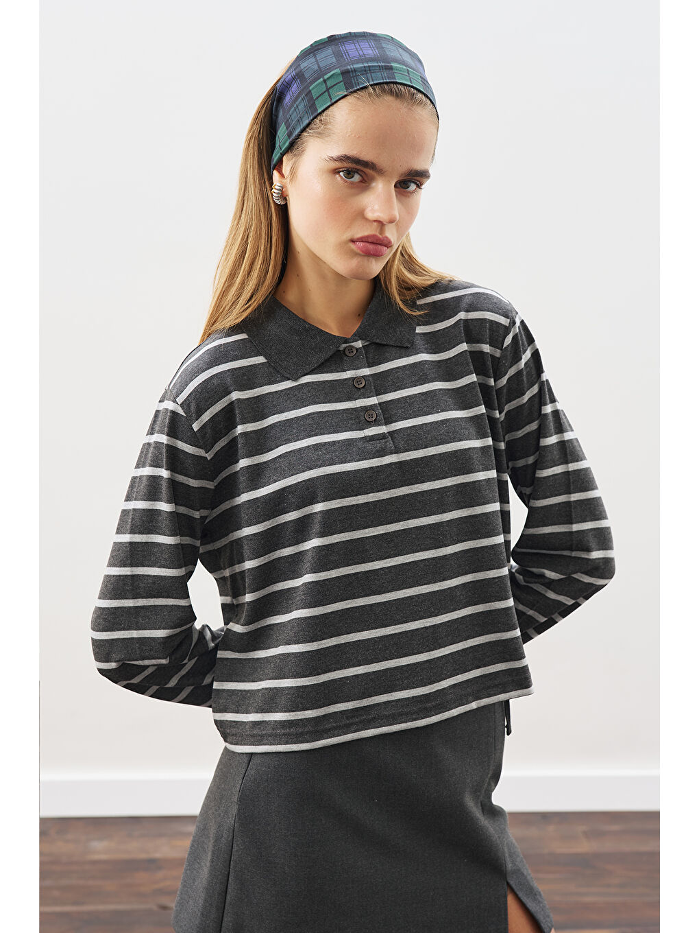 Polo Yaka Çizgili Tshırt Antrasit-2