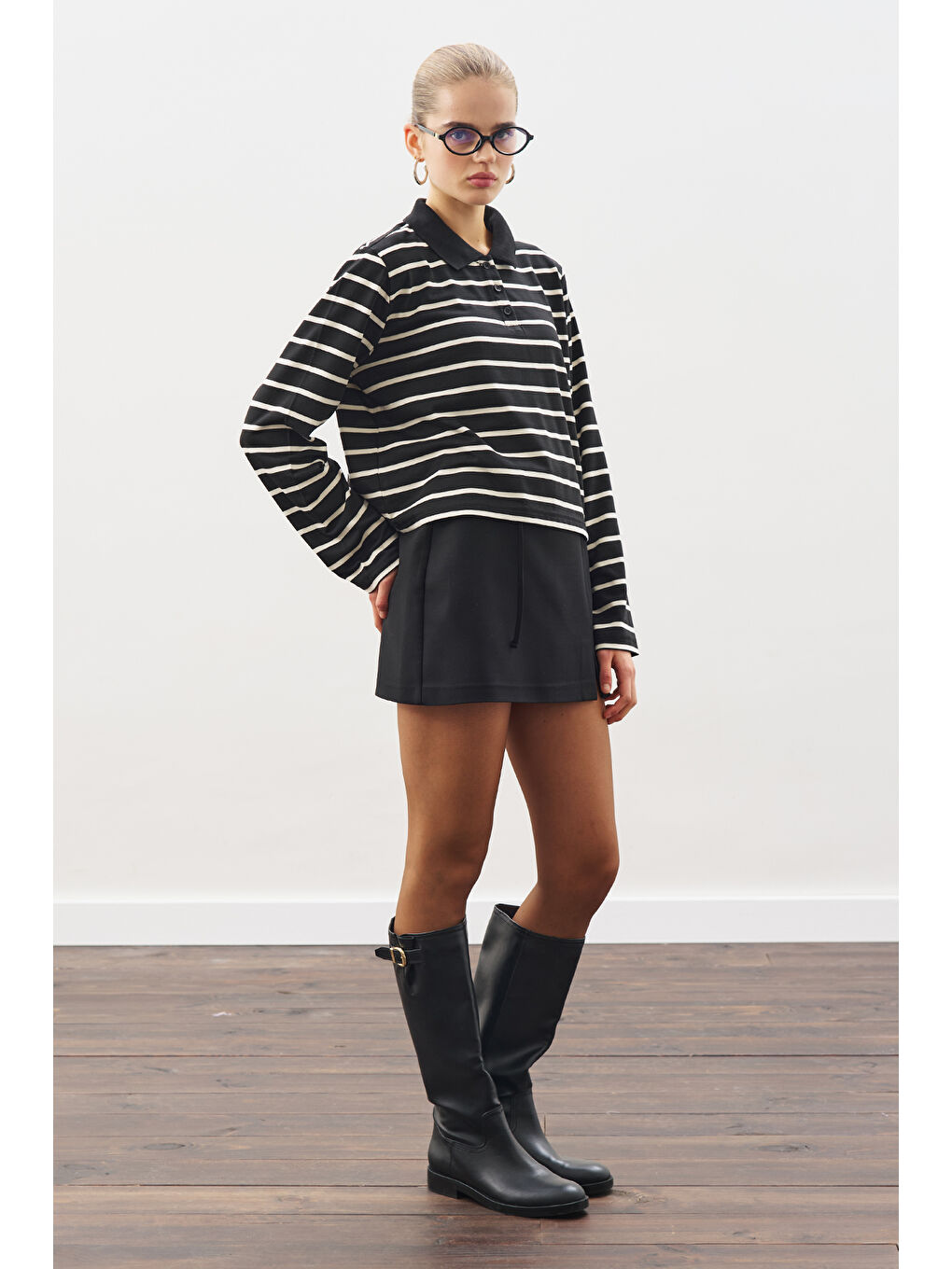 Polo Yaka Çizgili Tshırt Siyah-6