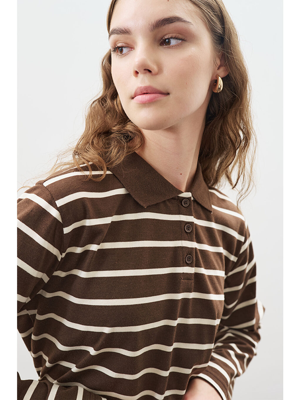 Polo Yaka Çizgili Tshırt Kahverengi-5