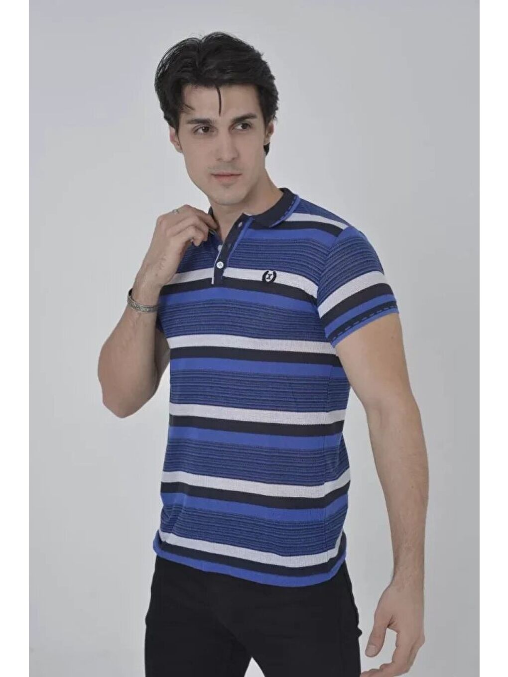 Erkek Yakalı Slim Fit Dokuma Çizgili T-Shirt - Mavi-1