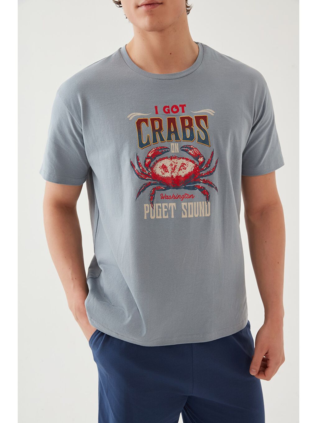 Mavi Erkek Pamuklu Kısa Kollu Baskı ve Cep Detaylı %100 Pamuk Pijama Takımı-5