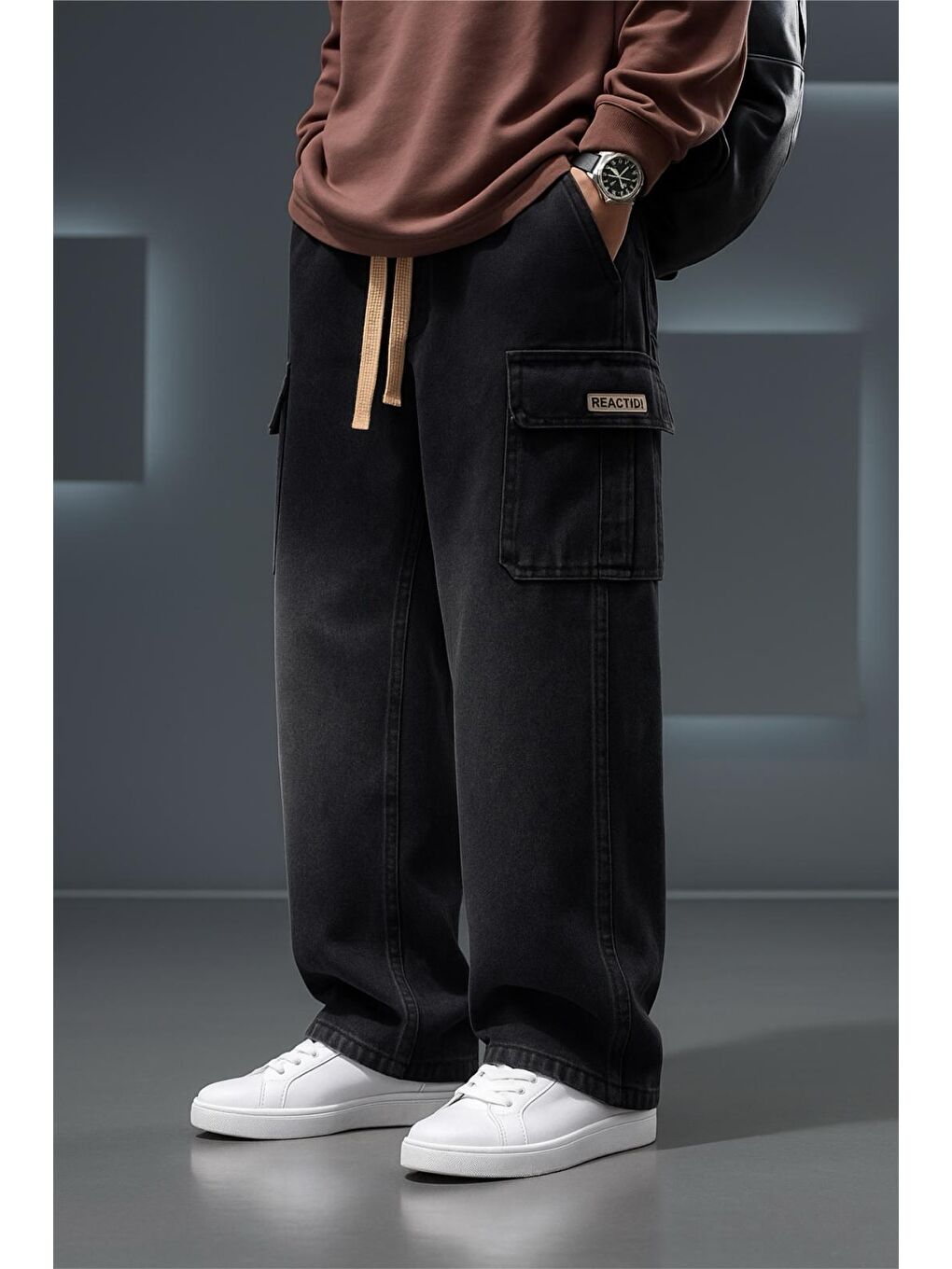 Gri Reax Luiz Beli Lastikli ve İpli Komando Baggy Fit Jean Kargo Pantolon-1