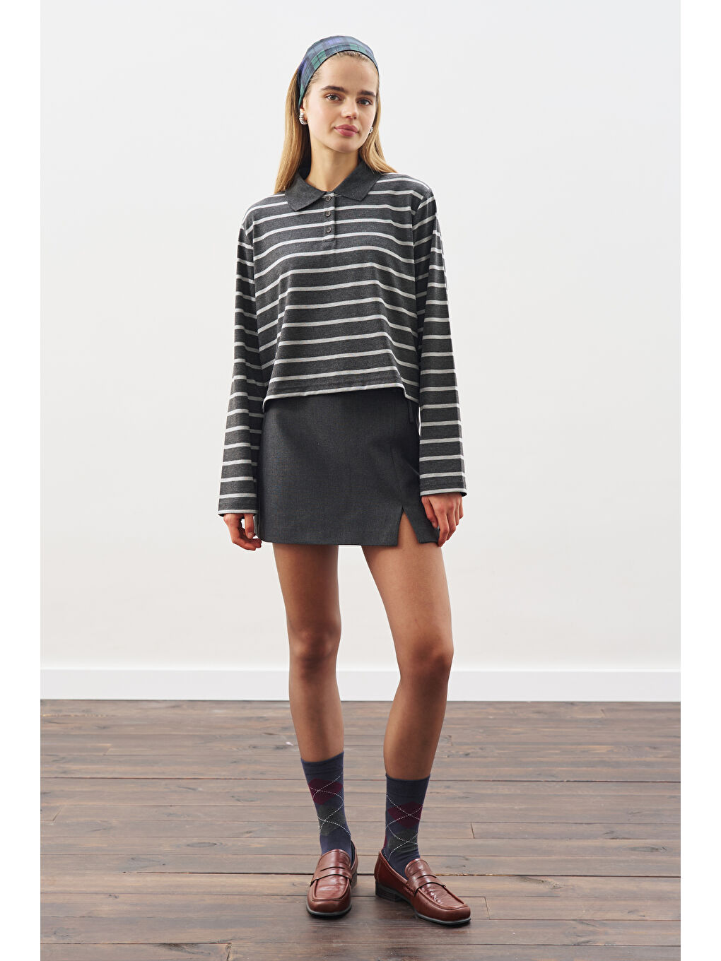 Polo Yaka Çizgili Tshırt Antrasit-4