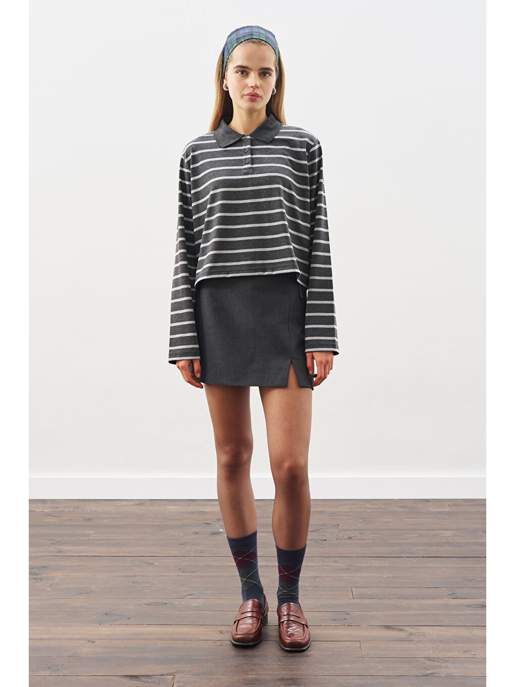 Polo Yaka Çizgili Tshırt Antrasit-5