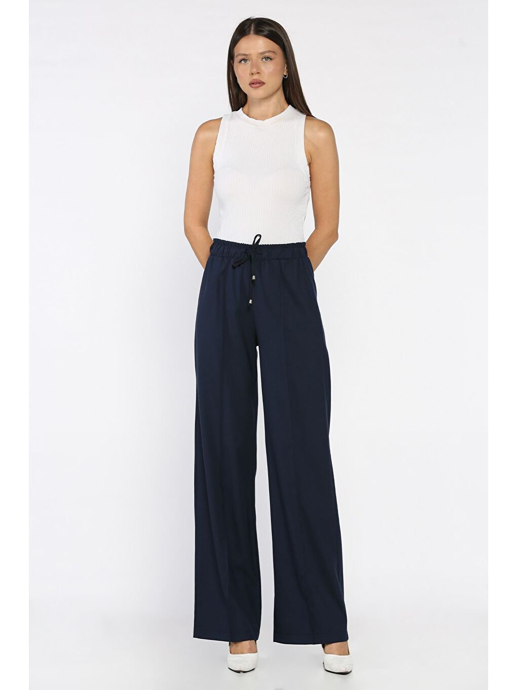 Lacivert Kadın Yüksek Bel Çimalı Bel Lastikli Palazzo Pantolon-1