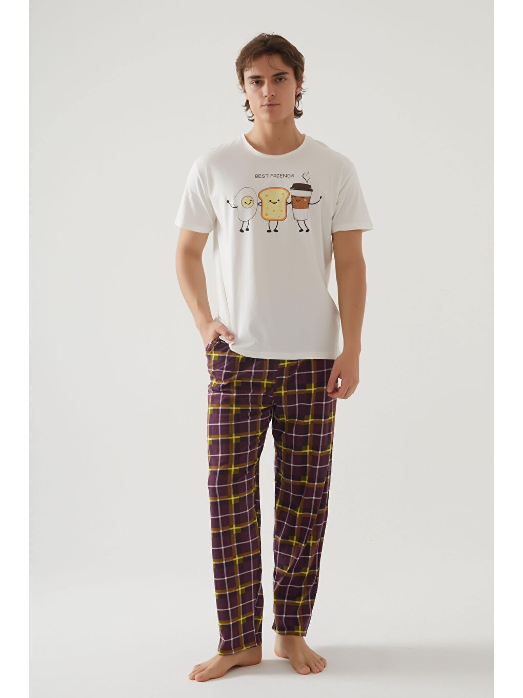 Lila Erkek Kısa Kollu Pamuklu Ekose Desenli Breakfast Baskılı %100 Pamuk Pijama Takımı