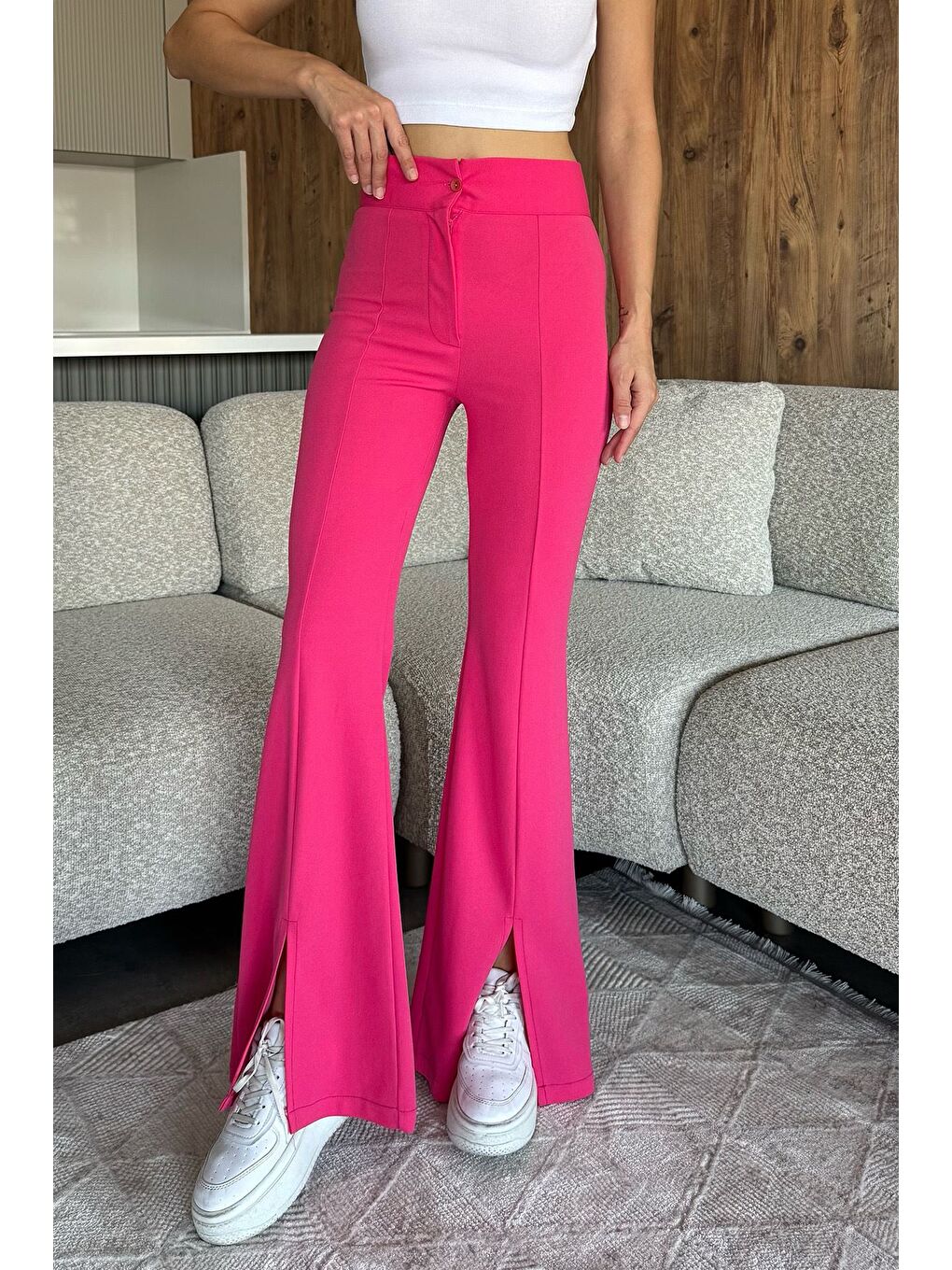 Fuşya Paça Yırtmaçlı Palazzo Slim Fit Kumaş Pantolon