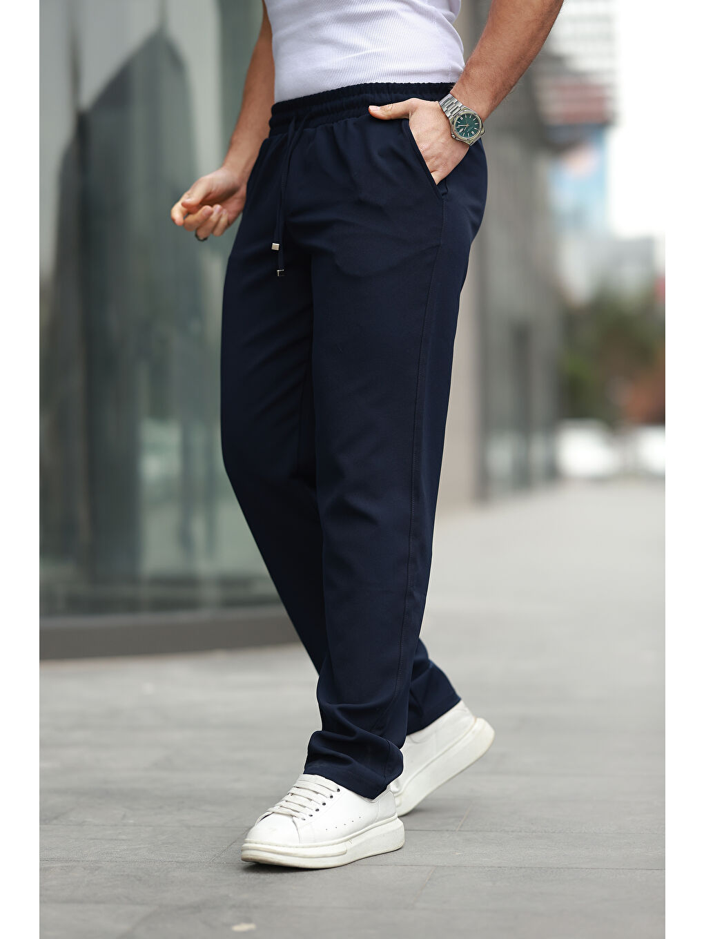 Lacivert Trend Beli Lastikli Bol Paça Baggy Erkek Pantolon-1