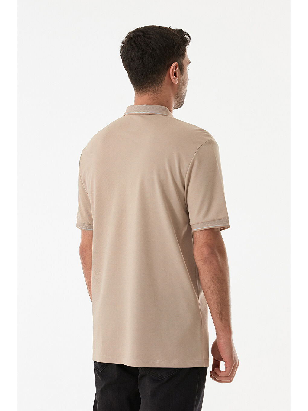 Bej Oxford Kumaş Yarım Fermuarlı Polo Yaka Tişört-1