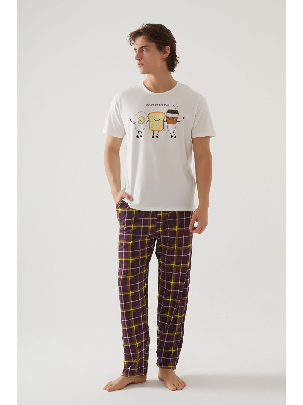 Lila Erkek Kısa Kollu Pamuklu Ekose Desenli Breakfast Baskılı %100 Pamuk Pijama Takımı-1