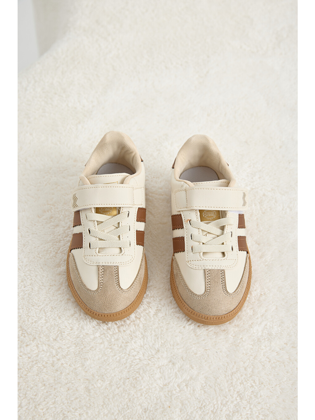 Çocuk Unisex Bej Termo Taban Yanı Şeritli Cırtlı Bağcıklı Sneaker-2