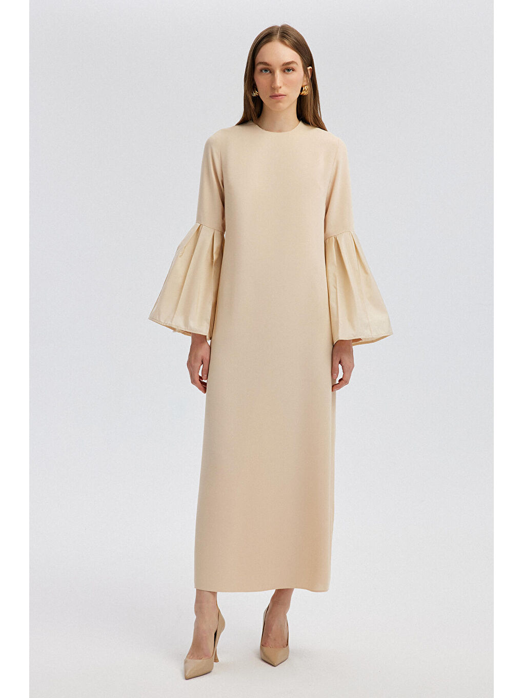 Ekru Tafta Kol Detaylı Elbise