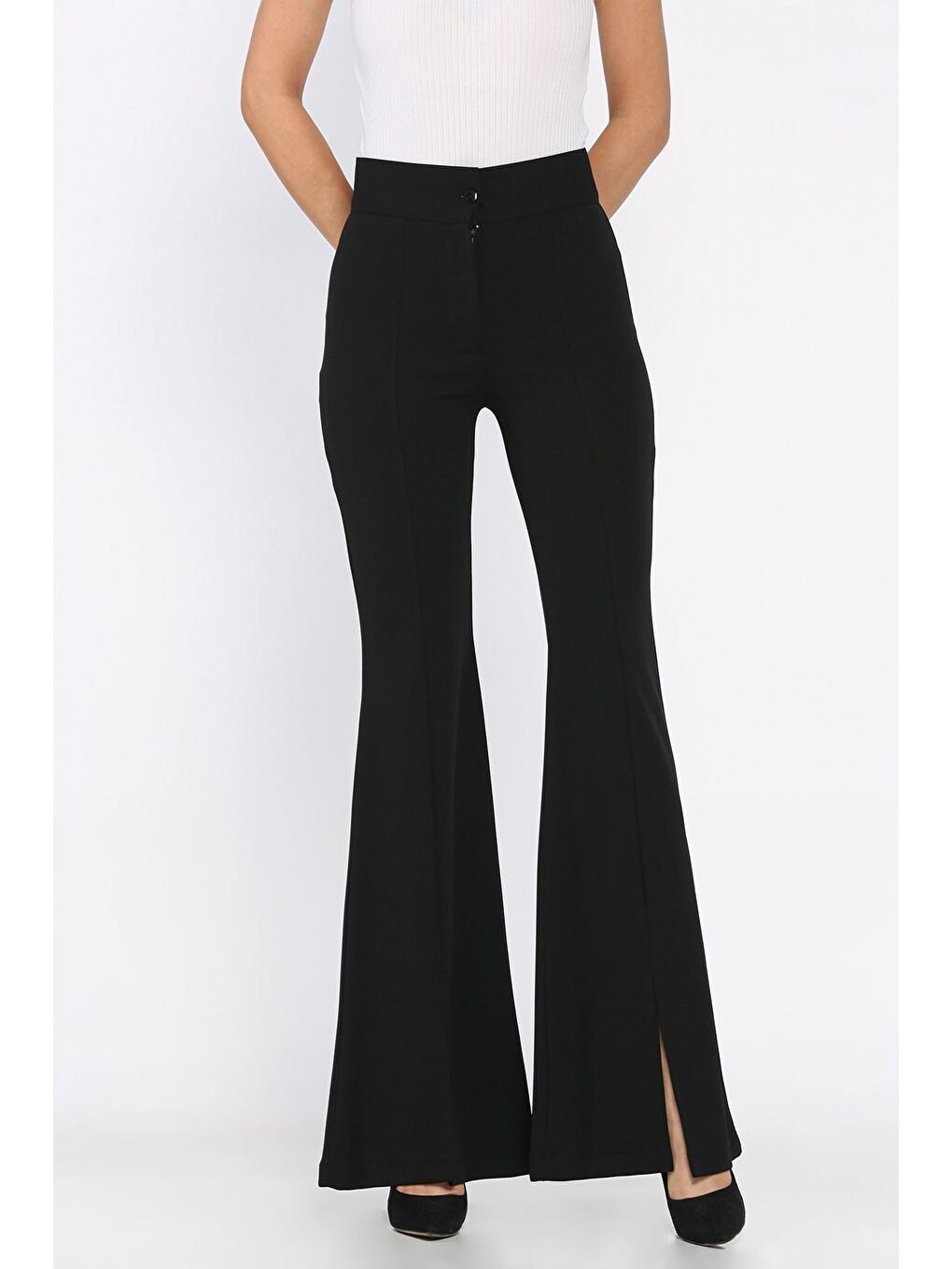 Siyah Paça Yırtmaçlı Palazzo Slim Fit Kumaş Pantolon