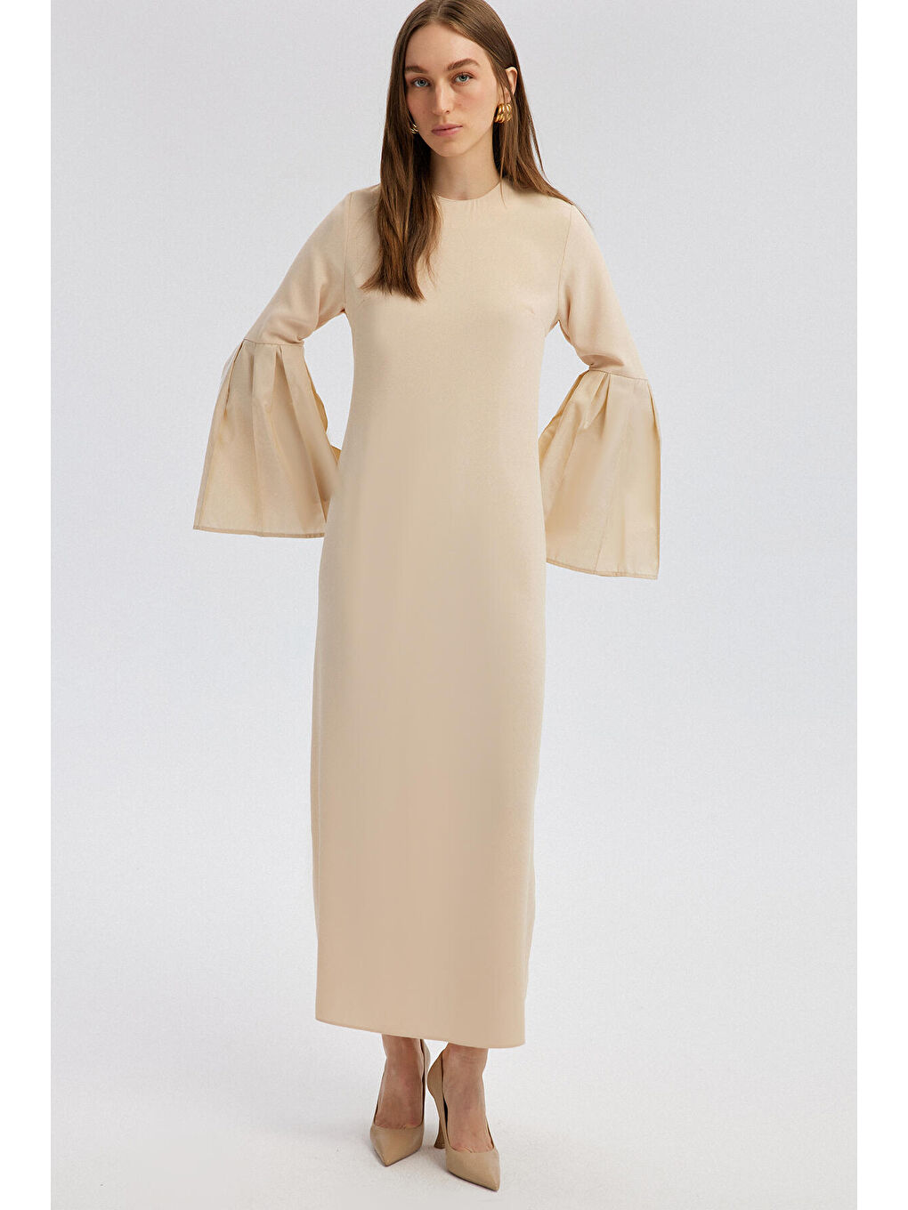 Ekru Tafta Kol Detaylı Elbise-1