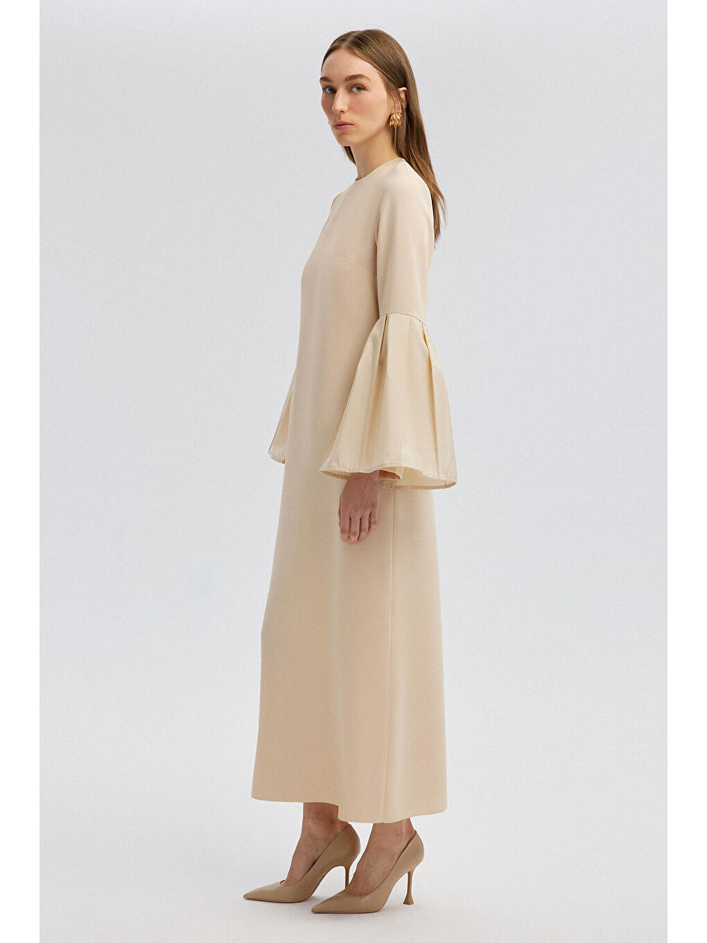 Ekru Tafta Kol Detaylı Elbise-2