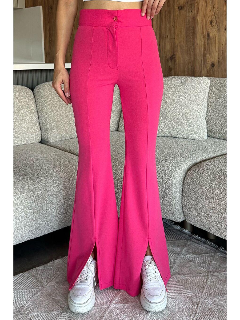 Fuşya Paça Yırtmaçlı Palazzo Slim Fit Kumaş Pantolon-1