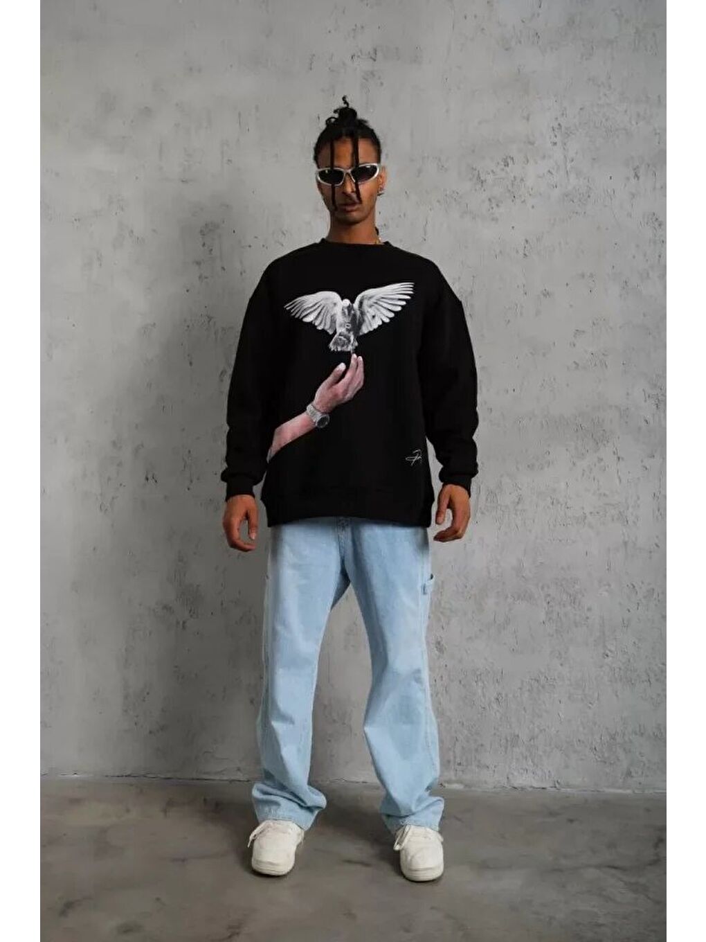 Erkek Güvercin Baskılı Sweatshirt - Siyah-1
