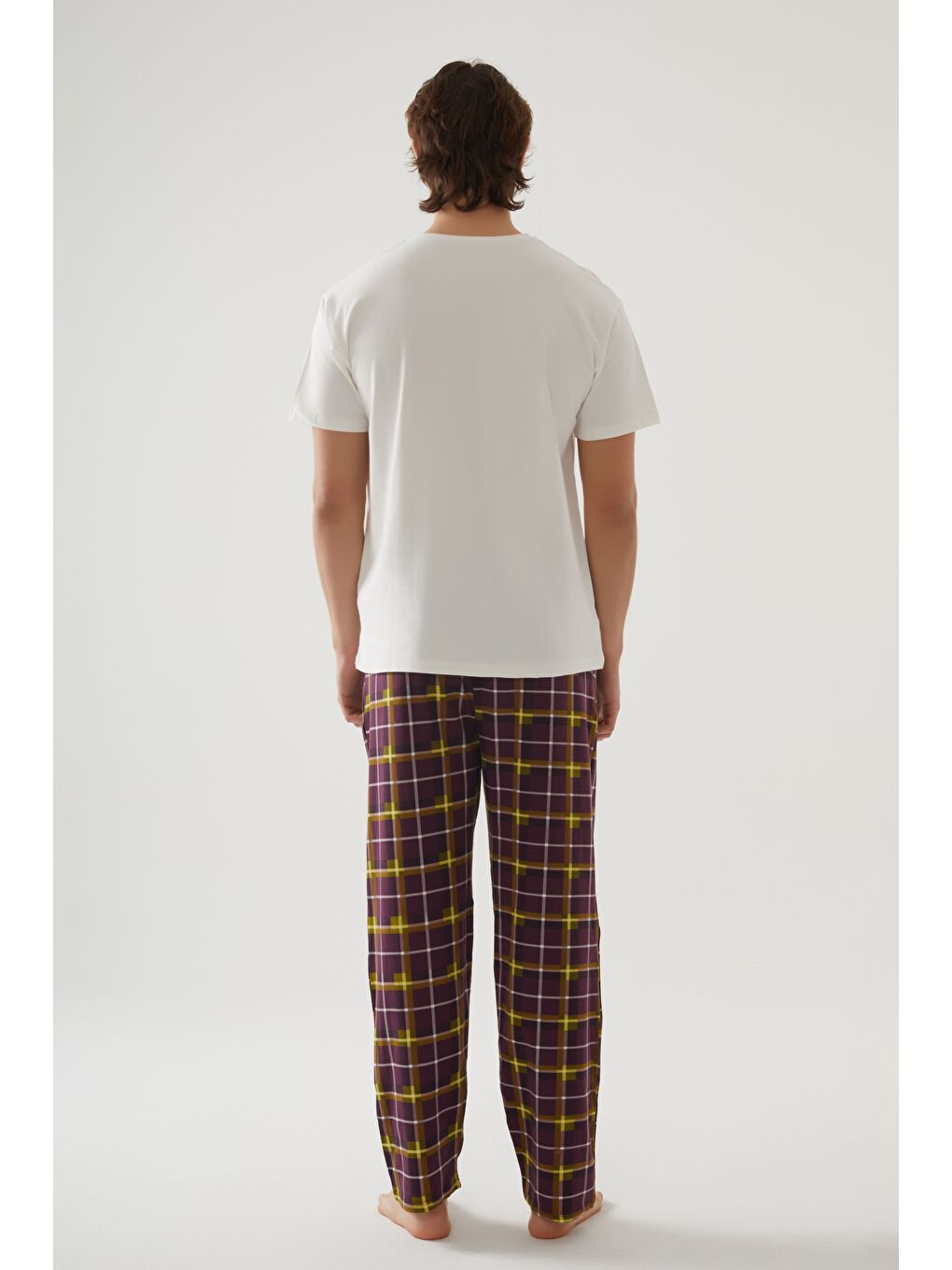 Lila Erkek Kısa Kollu Pamuklu Ekose Desenli Breakfast Baskılı %100 Pamuk Pijama Takımı-2