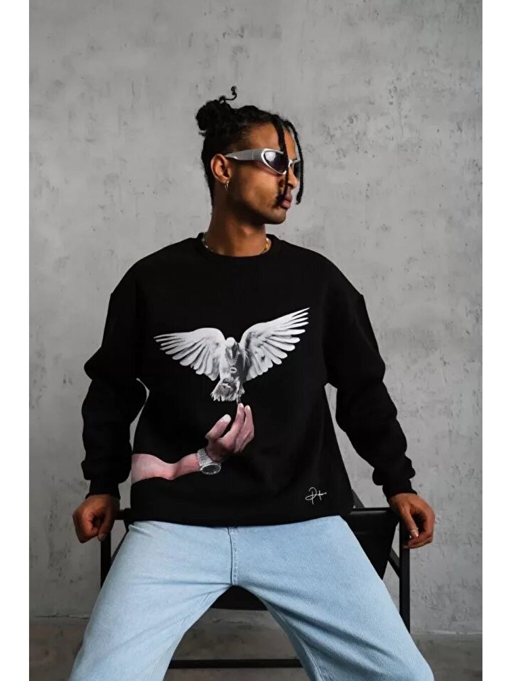 Erkek Güvercin Baskılı Sweatshirt - Siyah-2