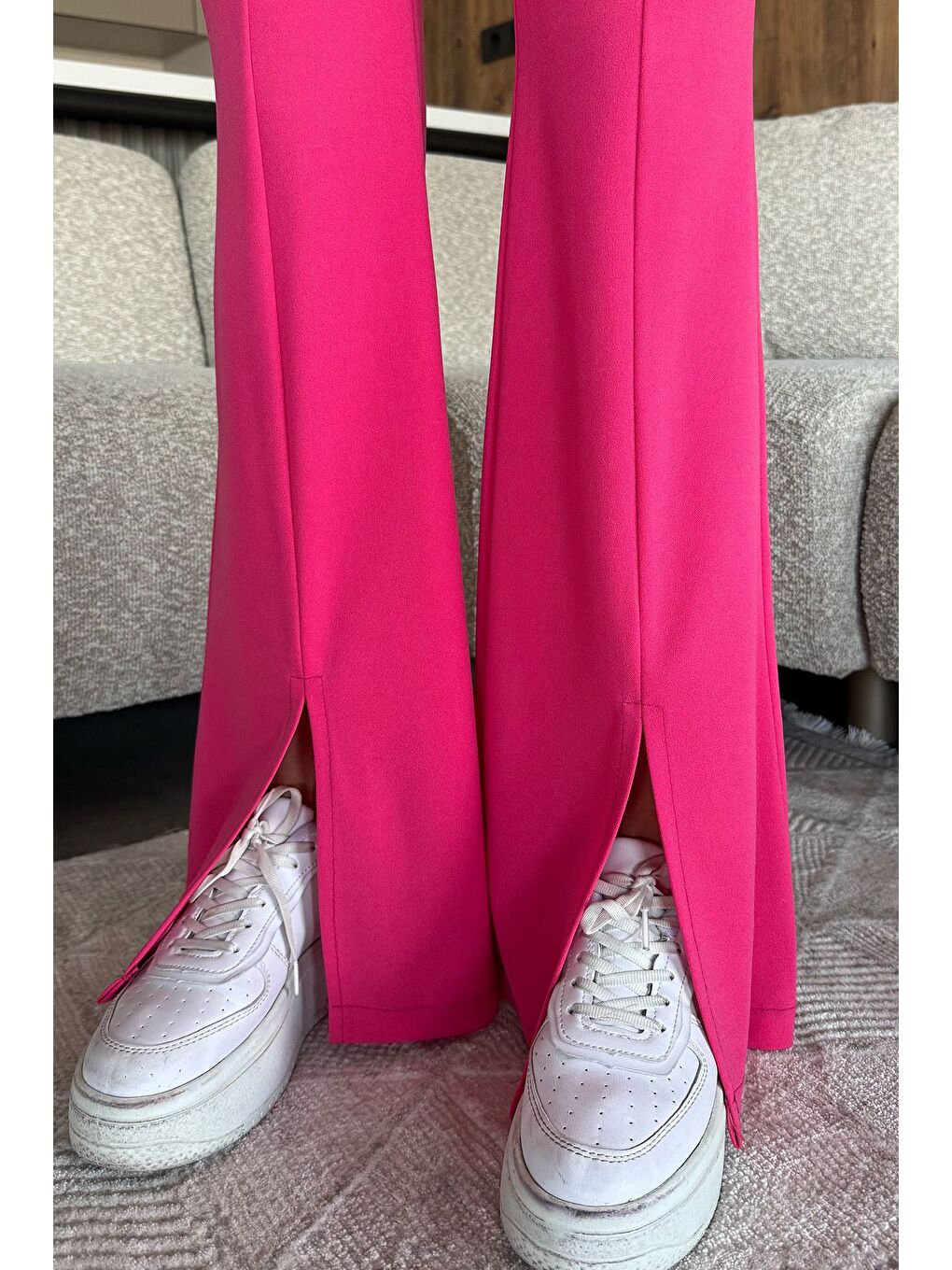 Fuşya Paça Yırtmaçlı Palazzo Slim Fit Kumaş Pantolon-3